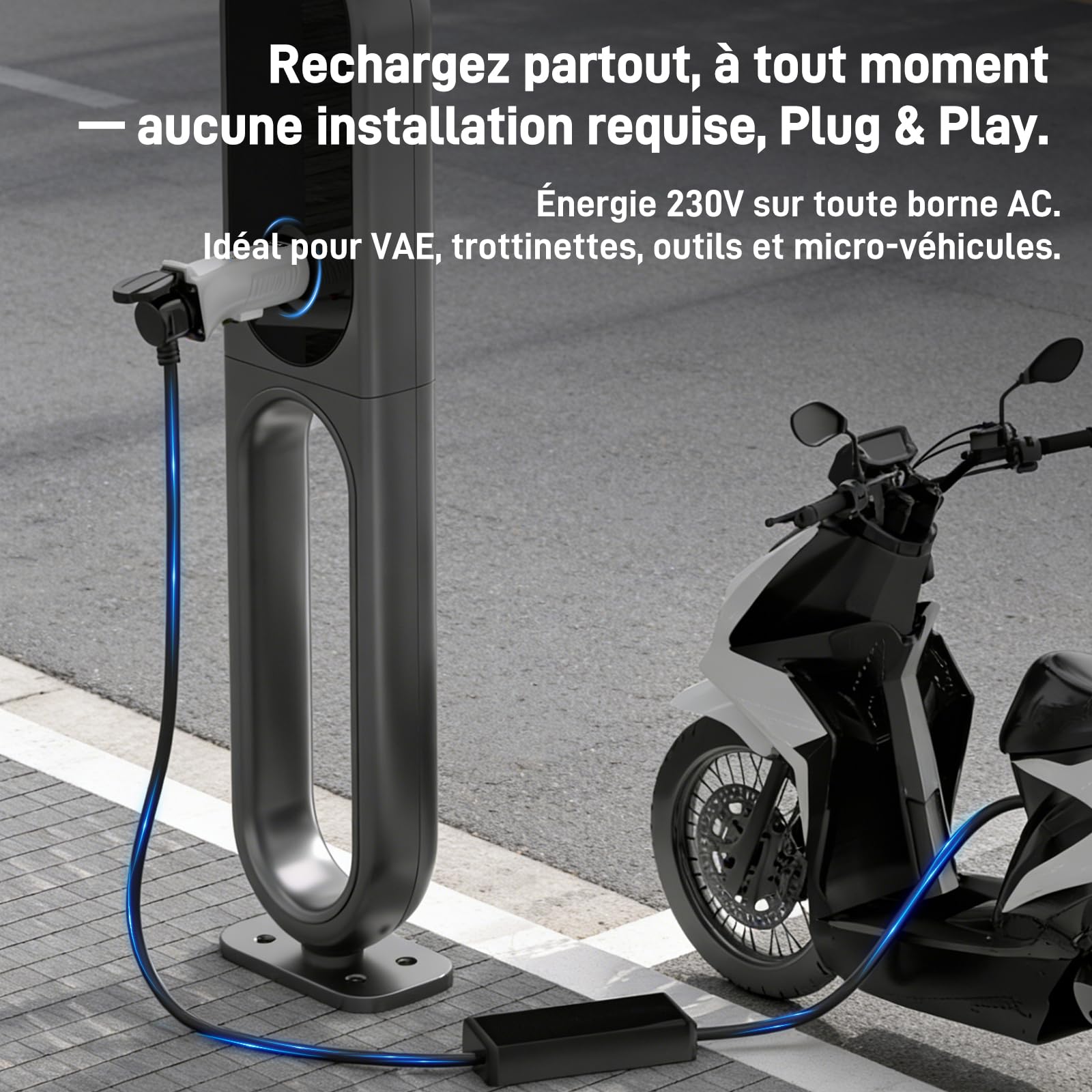 Adaptateur Type 2 vers Schuko pour Bornes de Recharge & Wallbox (230 V, 16 A, 3,68 KW, IP44) | Fiche Type 2 vers Prise Schuko pour Vélo/Trottinette/Moto/Quadricycle Électrique (Pas pour V2L)