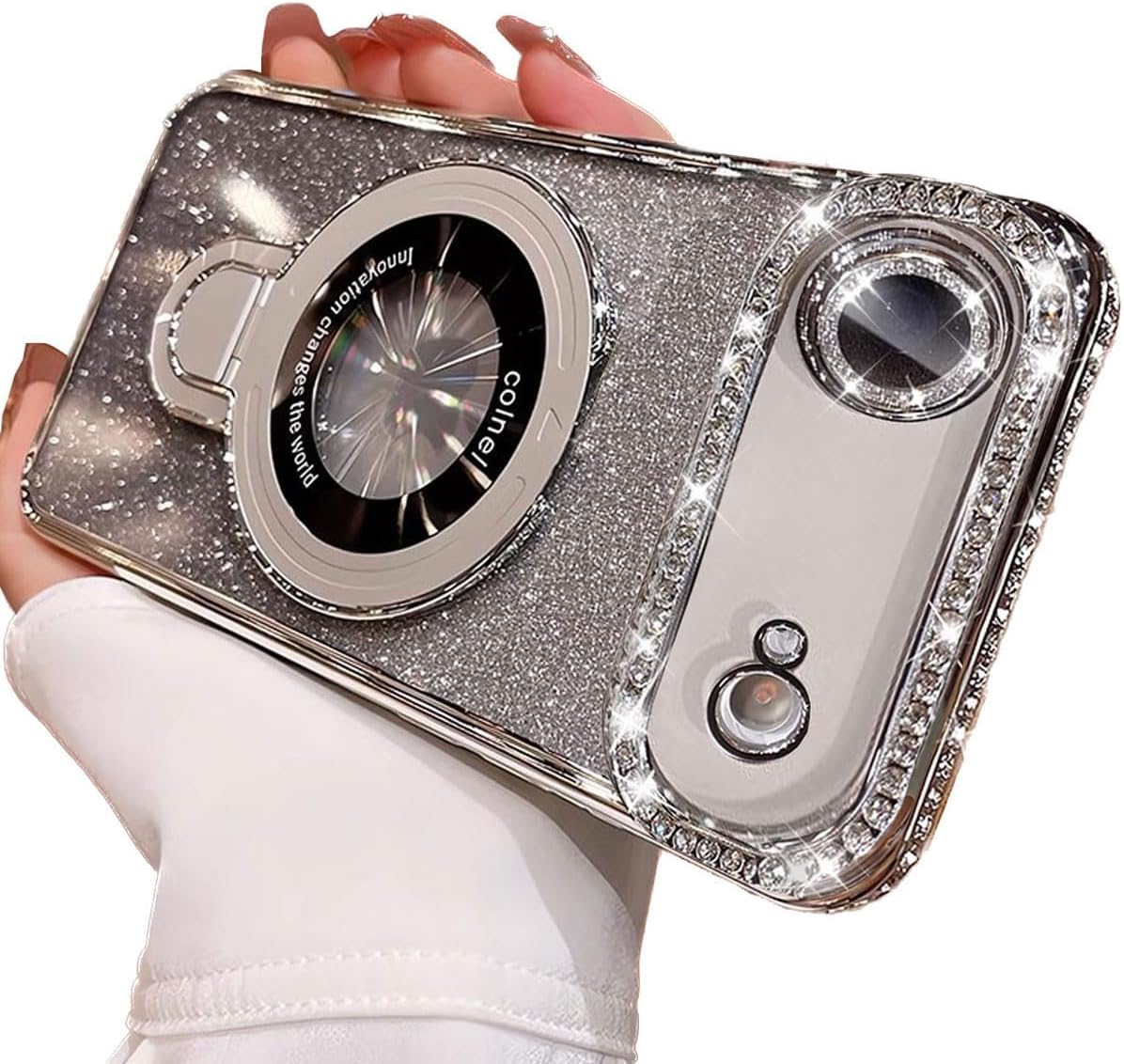 for iPhone Air Magnetic Stand Glitter Case Compatible with MagSafe, Bling Rhinestone Slim Shockproof Case with Camera Lens Protector Plating Bling Cover Case for iPhone 17 Air 6.5", Silver