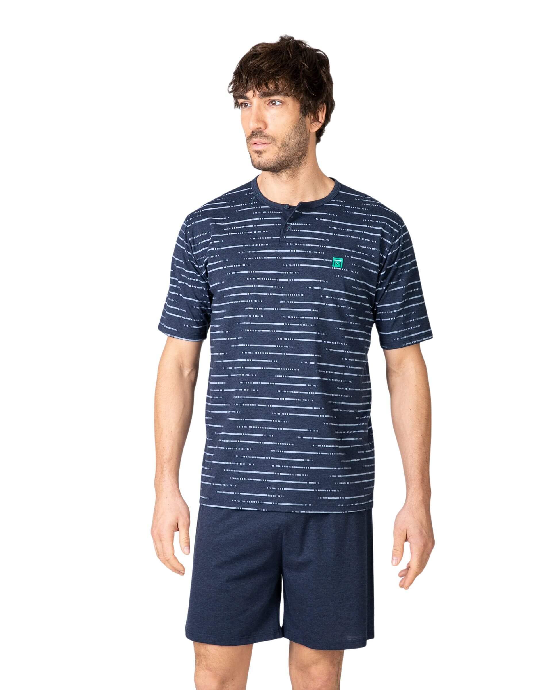 MASSANA Pijama Corto para Hombre de Verano, Mezcla de Algodón y Poliéster, Cuello Henley con Botones, Estampado Marino, Modelos P261330 y P261328