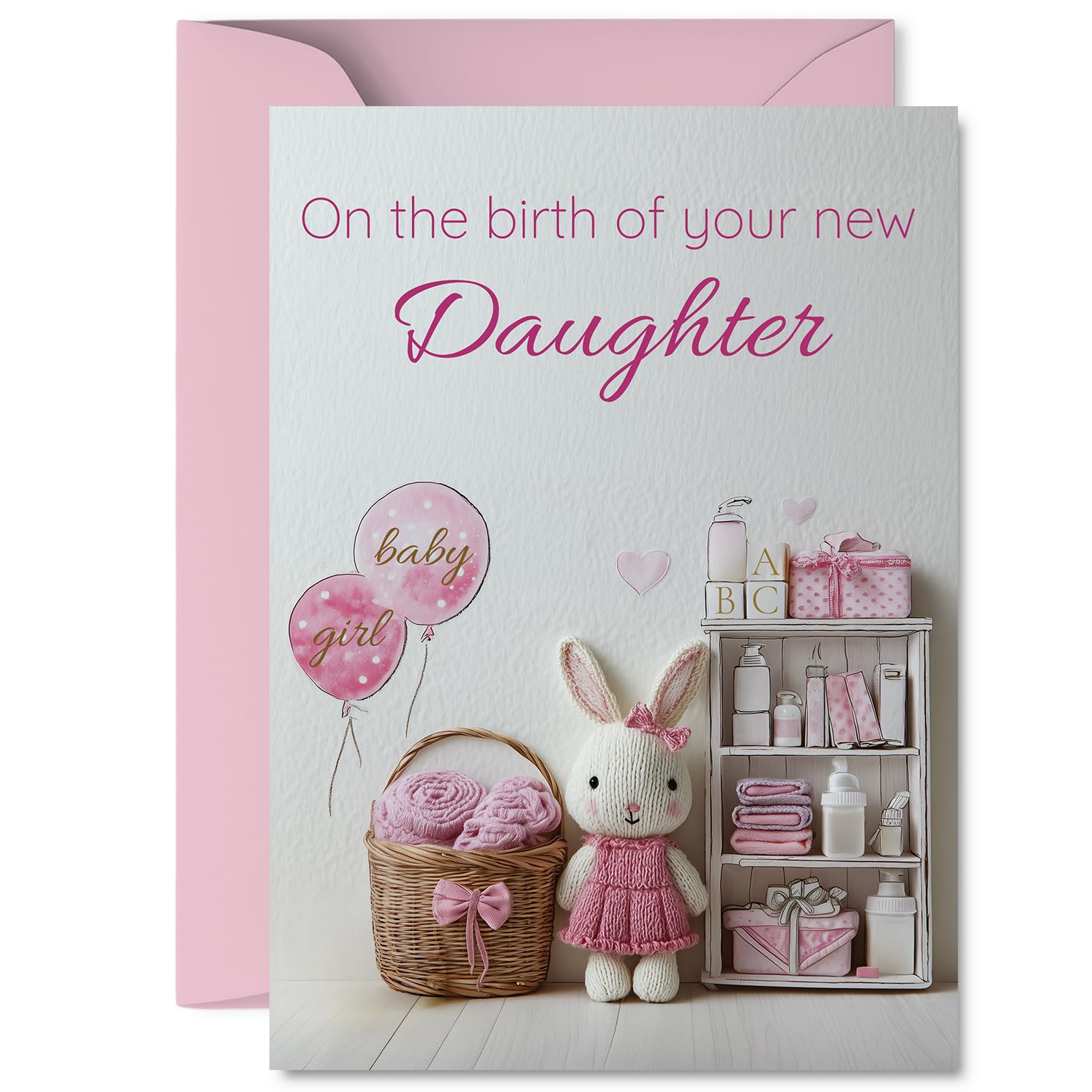 Sweet New Baby Card for Daughter - Adorable Bunny and Balloon Scene - Welcoming a Precious Girl with Playful Touches - 5x7 Inch, Envelope Included