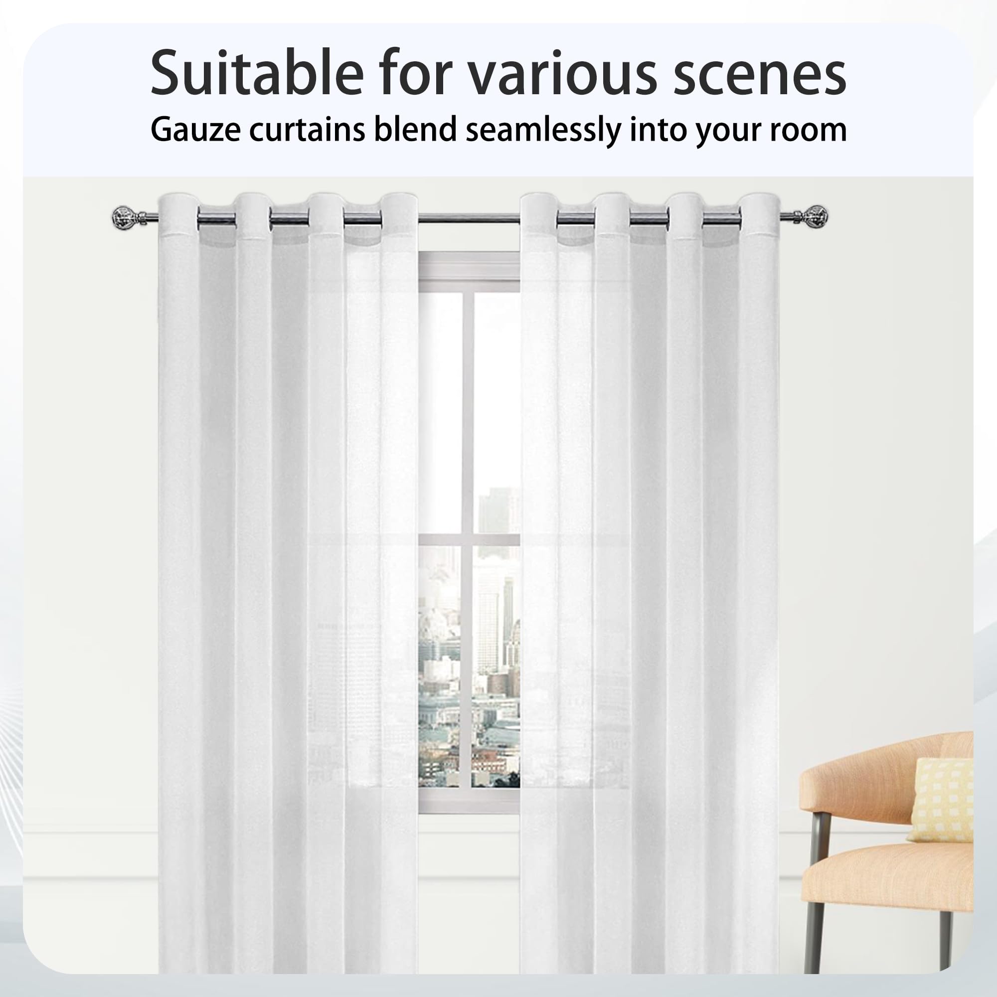 Tende Trasparenti 150 x 335 cm Trasparenti Tende Soggiorno Eleganti con Occhielli per Camera da Letto, Soggiorno, Cucina, Interni, Bianco