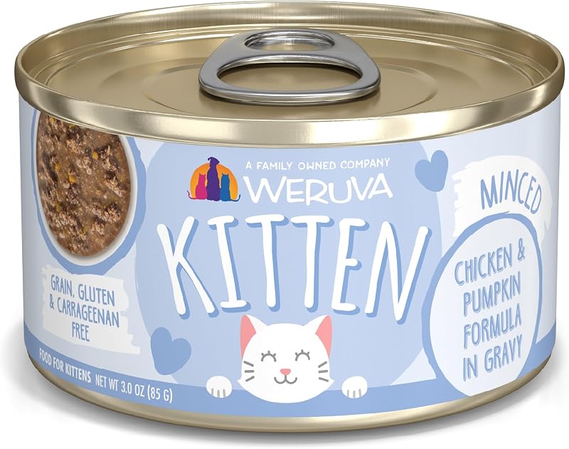 Ração úmida para gatos filhotes Weruva com frango, atum, abóbora e molho, 85 g, pacote com 12 latas