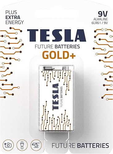 TESLA BATERÍAS 9V GOLD+ (6LR61 / BLISTER FOIL 1 PC) Baterías alcalinas de máxima potencia, 10 años de vida útil, una batería de larga duración, sin