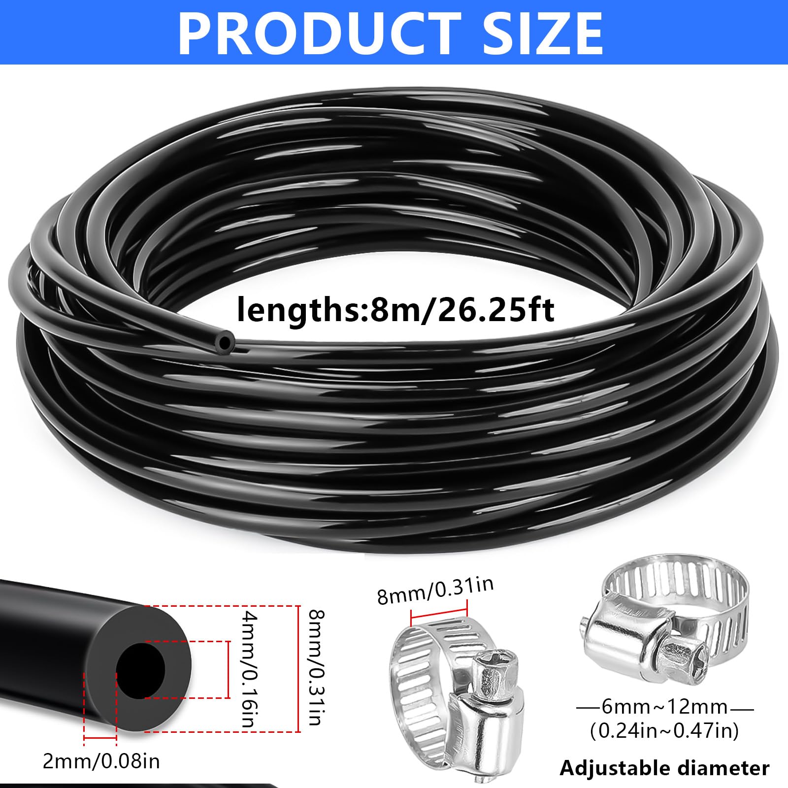 Tubo Silicone 8 m ID 4 mm OD 8 mm con Morsetti per Auto Aria Acqua