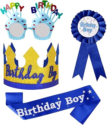 YumSur Birthday Crown and Dress Up Set - Headband Tiara, Ribbon Medal for Kids, Girl, Boy, Childrens Party