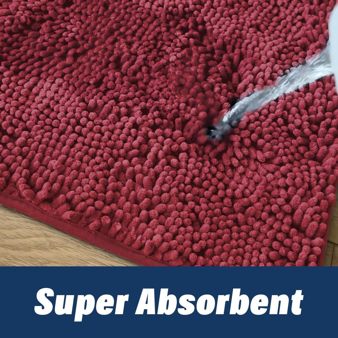 MuddyMat® Chenille Bathroom Rugs Set Quick Dry Microfiber Mats Non Slip Washable, Extra Thick, Soft and Highly Absorbent Bath Mats (20”x30”) with U Shaped Toilet Mat (20”x20”) - Red