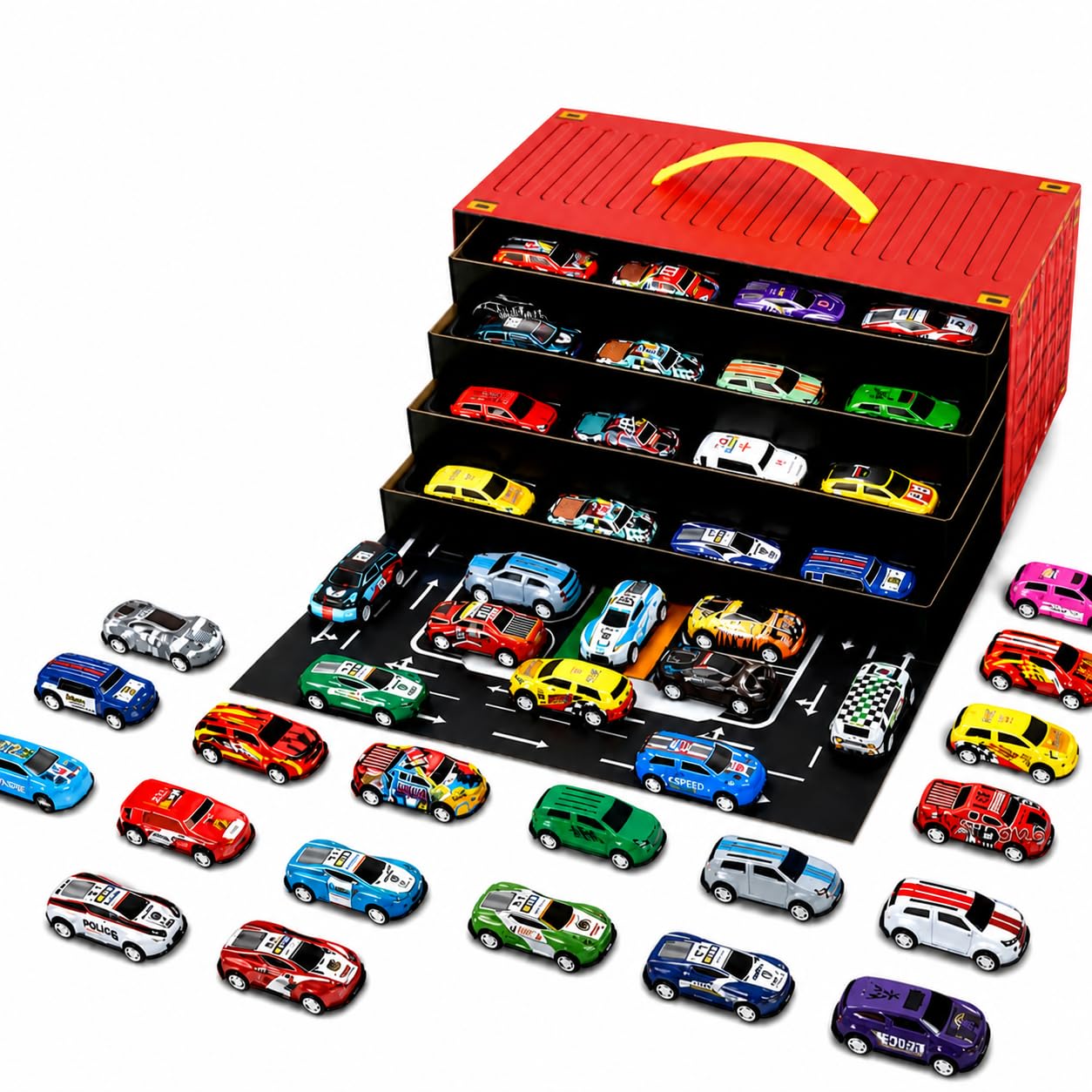 ToyTastic Pull Back Die Cast Toy Cars Set with Storage Container – 48 Pcs Alloy Mini Cars, Multi-Layer Organizer Case with Handle & Play Mat, Kids Racing Car Collection Toy Gift for Boys & Girls-image-10