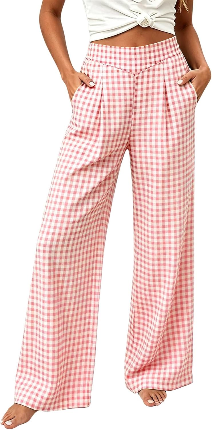 Women's Gingham Striped Pants Casual High Waisted Wide Leg Palazzo Pants with Pockets Loose Fit Summer Clothing
