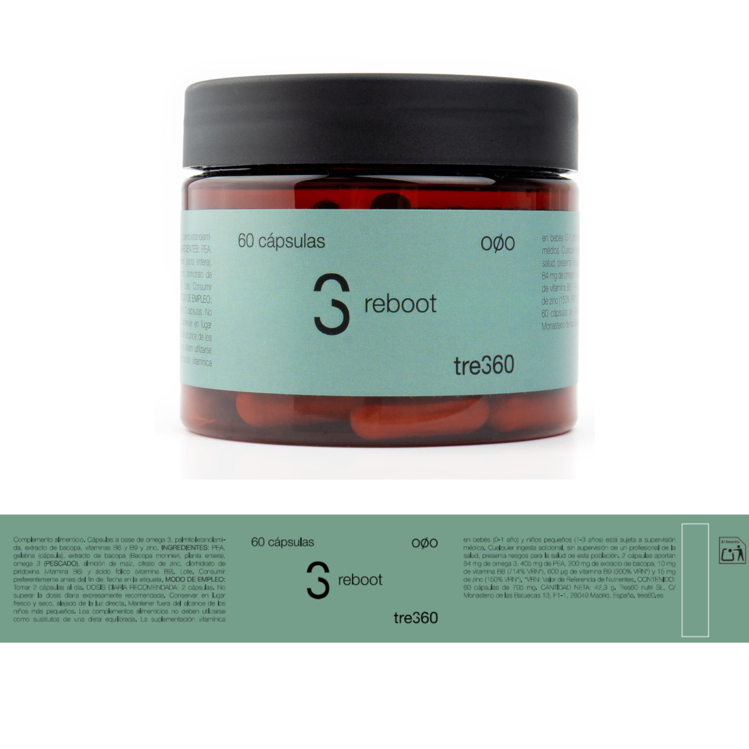 Tres60 - Reboot Complejo de Vitaminas B y Zinc – 60 Cápsulas – Con Omega 3 y Palmitoiletanolamida (PEA) – Suplemento Revitalizante para Energía, Sistema Nervioso y Reducción de Fatiga