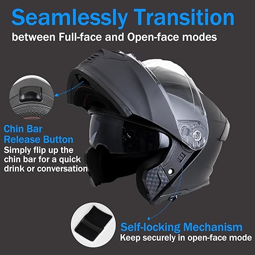 Miniatura 2 de Uchoose Modular Motorcycle Helmet for Men Women, Flip Up Full Face to Open Face Helmet, DOT & FMVSS 218 Certified, Dual Visor, Removable & Washable