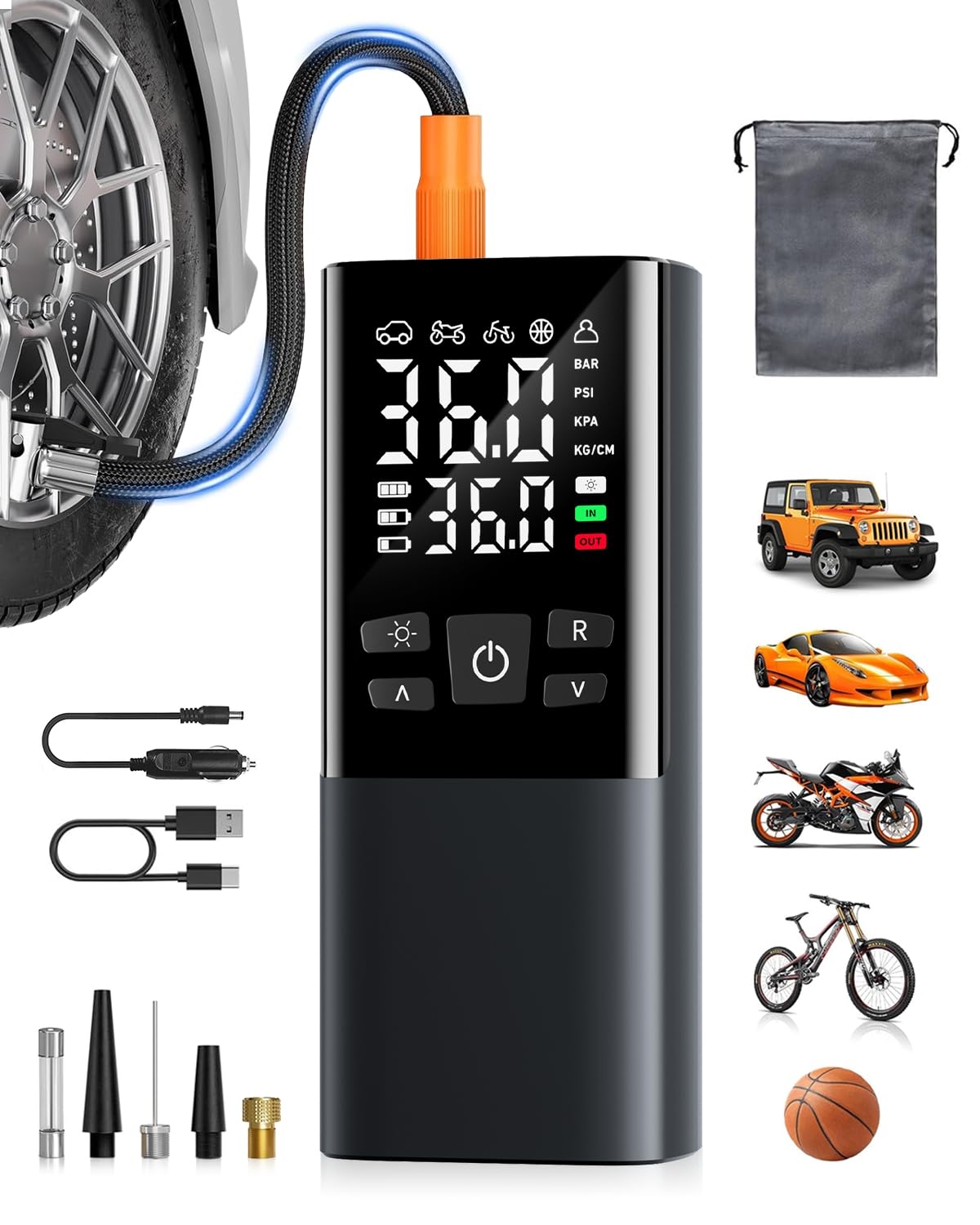 Elektrische Luftpumpe Kabellose, 6000mAh 150PSI Duale Anzeige Akku Kompressor, Luftpumpe Fahrrad mit LED-Leuchte & Manometer, Tragbarer Fahrradpumpe für Auto Motorrad Ball, Powerbank Funktion