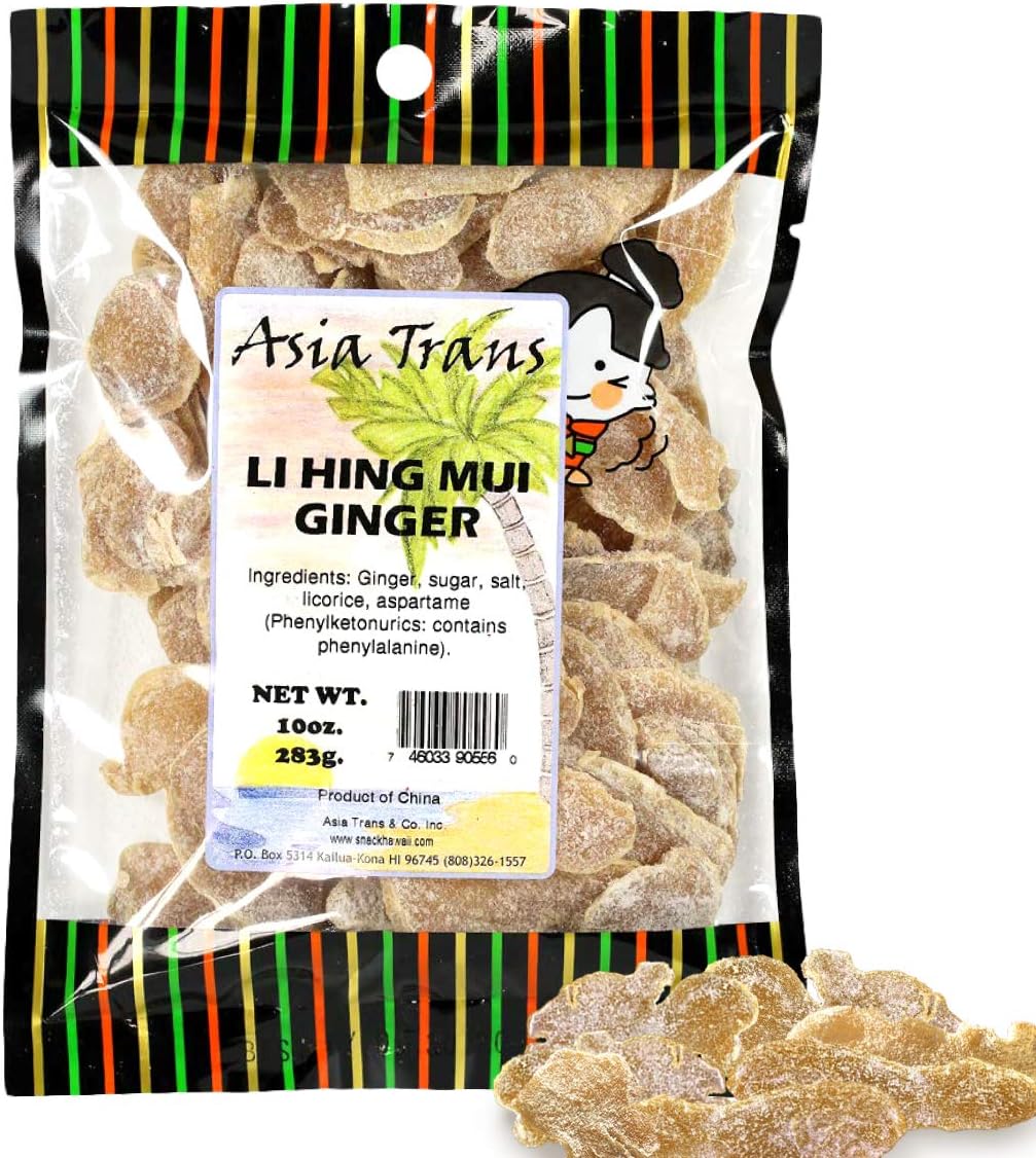 Asia Trans Li Hing Mui Dried Ginger Candy - Crystallized and Preserved Asian Fruit Slices with Plum Powder - Fresh-Packed Chews with Light Sugar - Instant Relief for Sore Throat and Nausea - 10 Oz