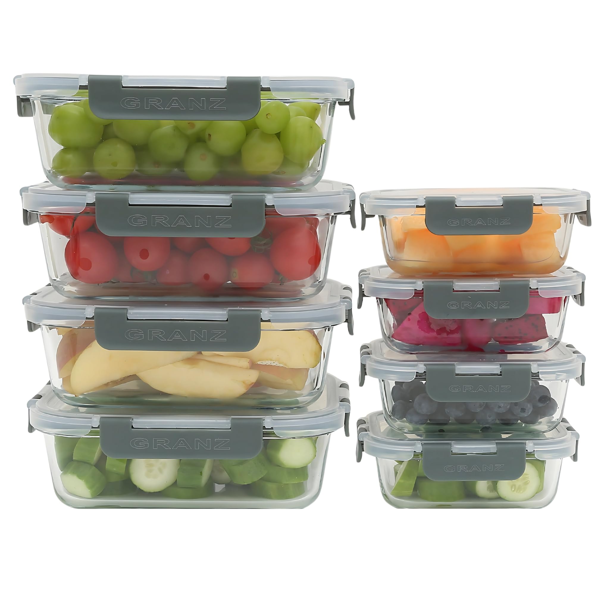 GRANZ Contenitori per alimenti in vetro, confezione da 8, senza BPA, con coperchio ermetico a scatto, a prova di perdite, impilabili, ecologici, riutilizzabili, per microonde e lavastoviglie