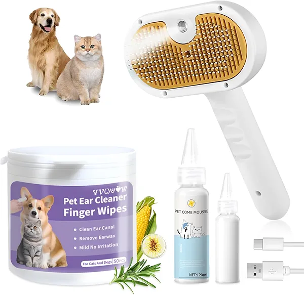 Cat Steam Brush, Pet Steam Brush for Cat & Dog, Mist Spray Comb, Spritz Defur Tool, Water Grooming Kit, Dog Hair Removal Steam Cleaner with Release Button Contains 1*Shampoo, Ear Wipes