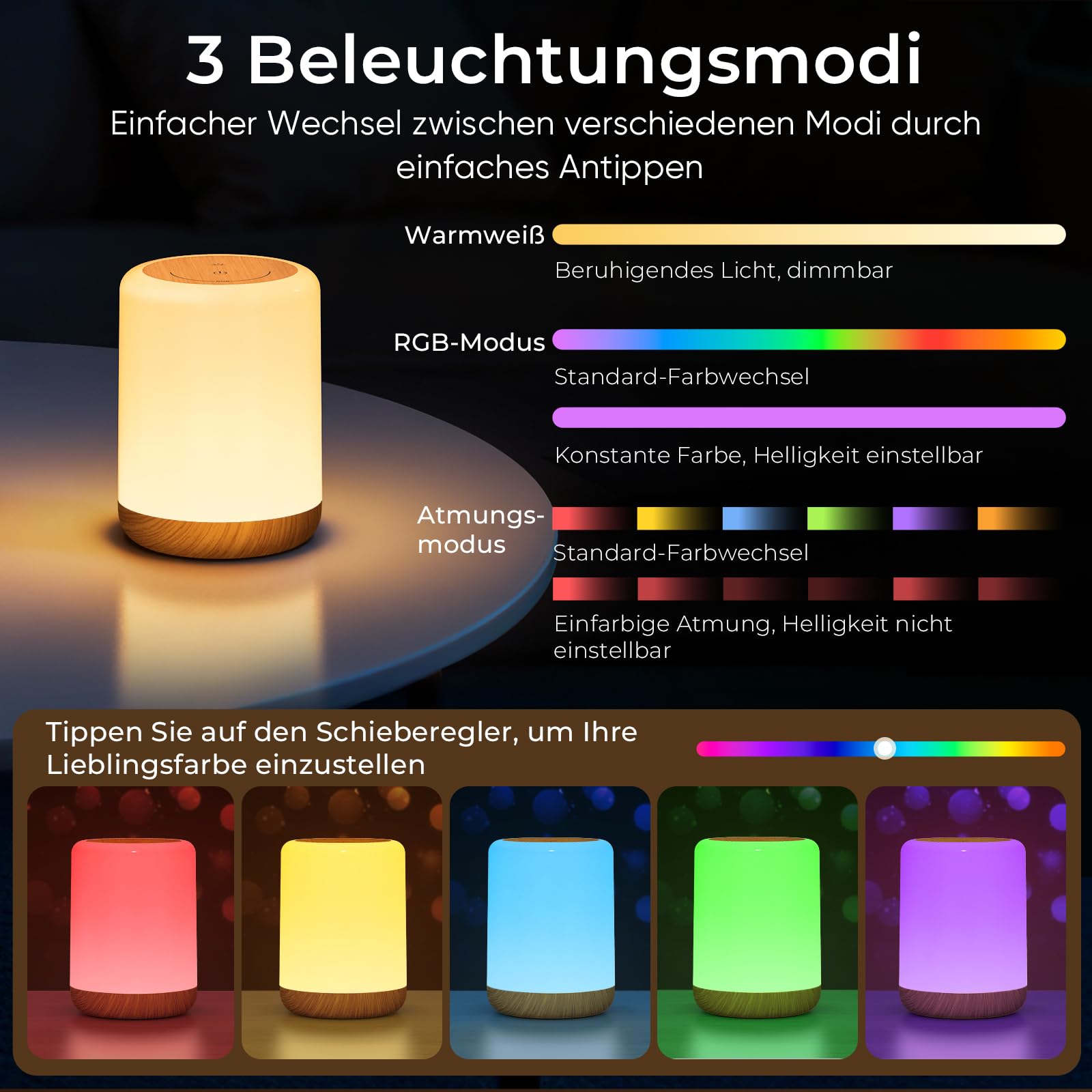 Set di 2 Lampada da Comodino Touch, Abat Jour da Comodino con 256 Colore RGB e 3 Modalità, Luce Notturna Bambini con Timer e Memoria, Lampada da Tavolo Ricaricabile Senza Fili per Camera da Letto