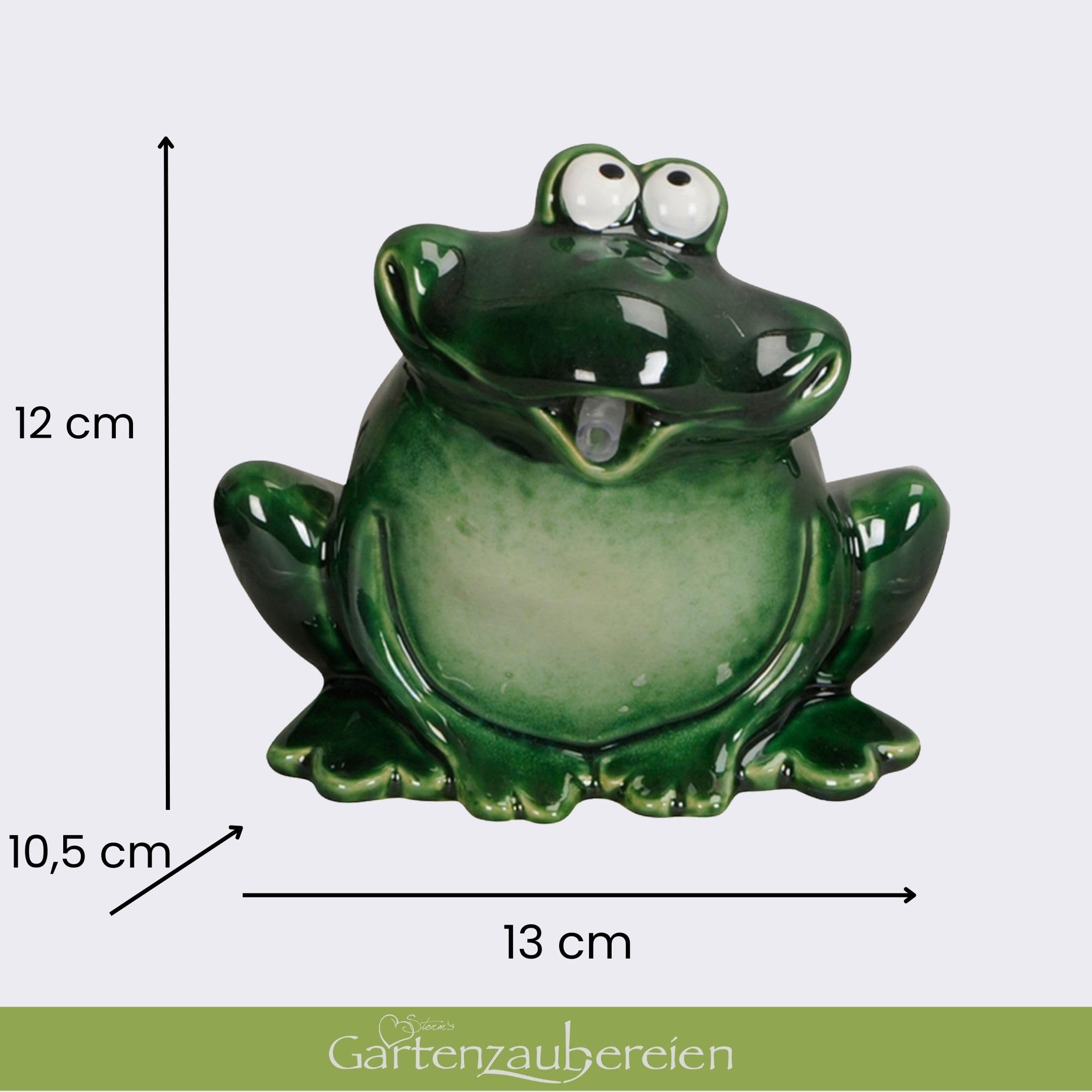 Wasserspeier Frosch mit Akku Solarpumpe 12cm aus Keramik Laufzeit ohne Sonne 4-5 Stunden