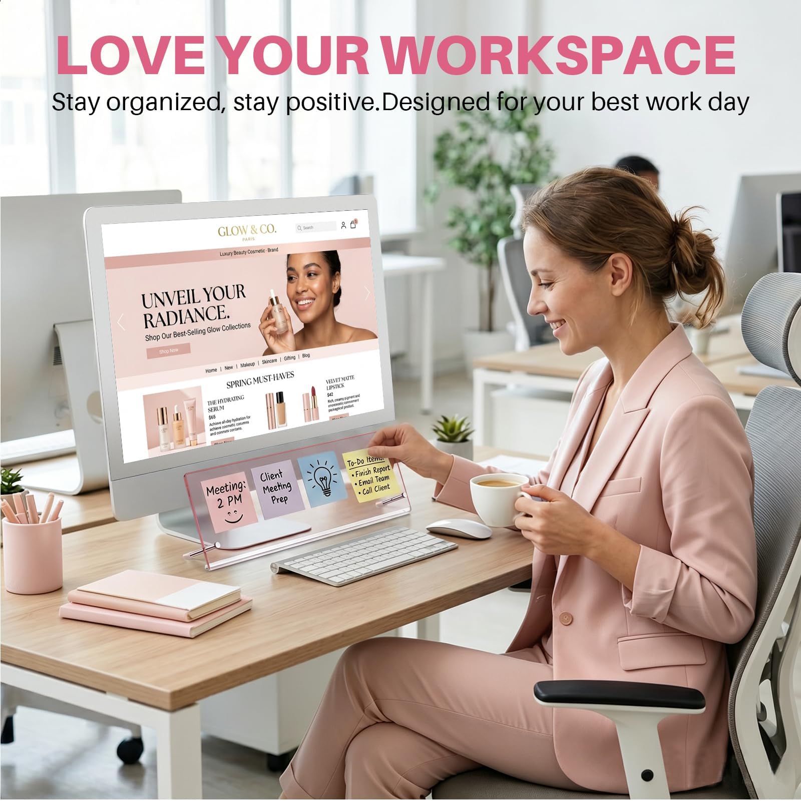 Monitor Memo Board Holder 14"x5"-Pink, Office Organization for Computer Sticky Note Holder, Space-Saving Under Monitor, Movable & Reusable, Cute Desk Accessories for Office & Home Desktop Decor view 3
