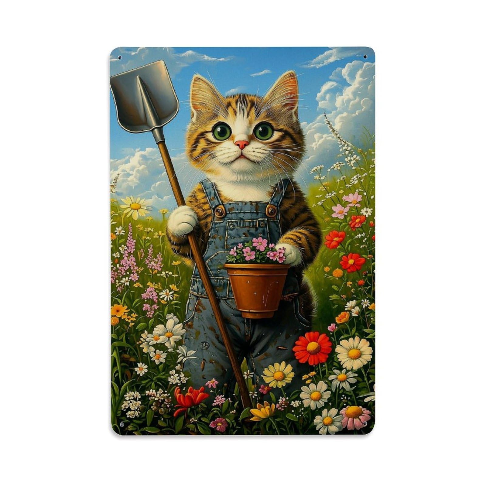 Cat Gardening Flower Field Overalls Retro Metal Tin Sign, Vintage Decor Art Poster for Bar, Home, Man Cave, Kitchen, Laundry Room Gift 8x12Inch