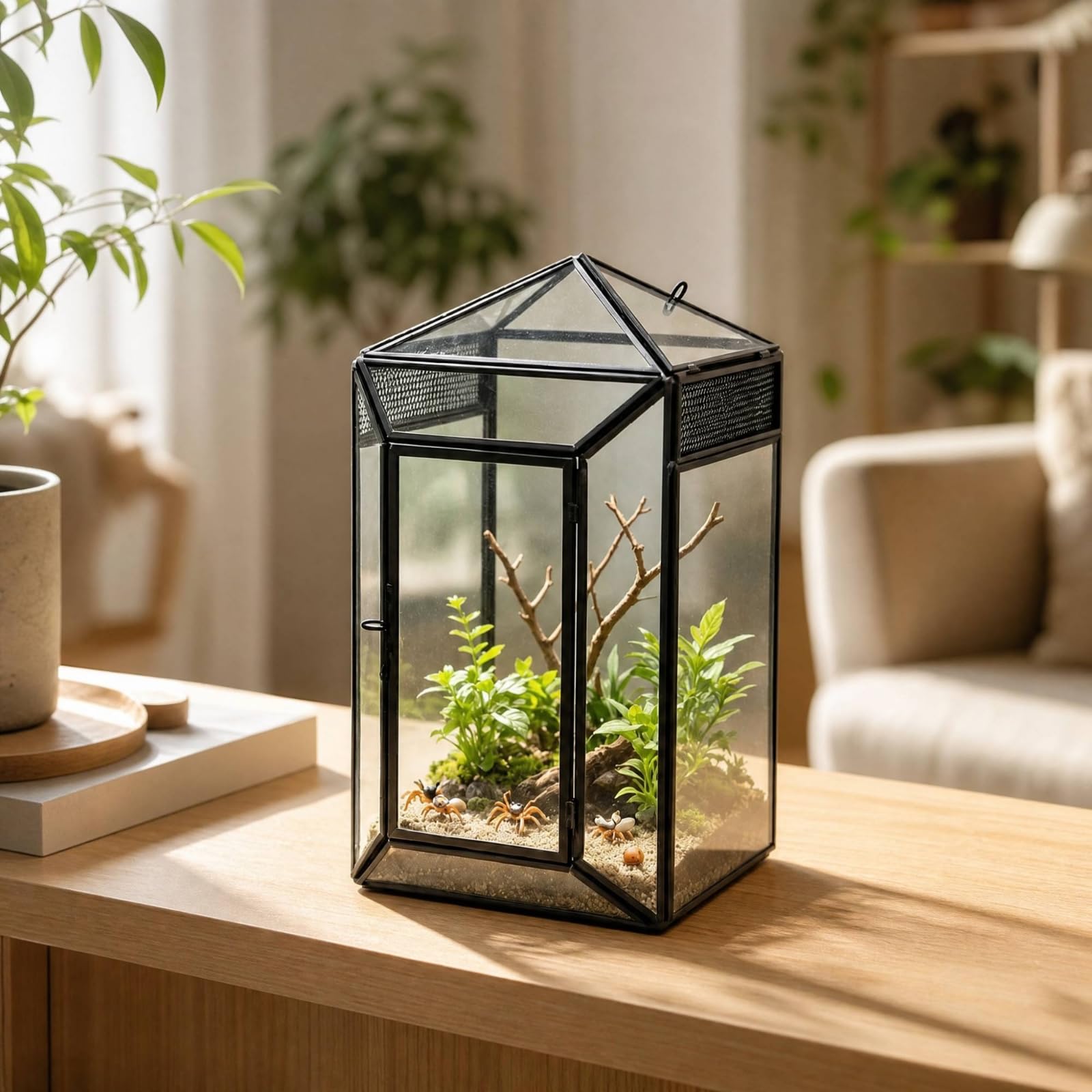 in Ventilato con Tetto a Punta e Pannelli di Ventilazione Multiuso Terrario in per Scrivania, Nero