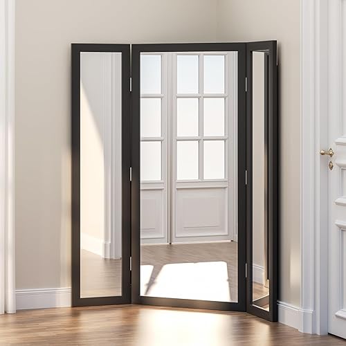 Miniatura 4 de Espejo de 3 vías de longitud completa con vidrio templado, espejo de piso de triple pliegue nupcial de gran tamaño con marco de madera, espejo