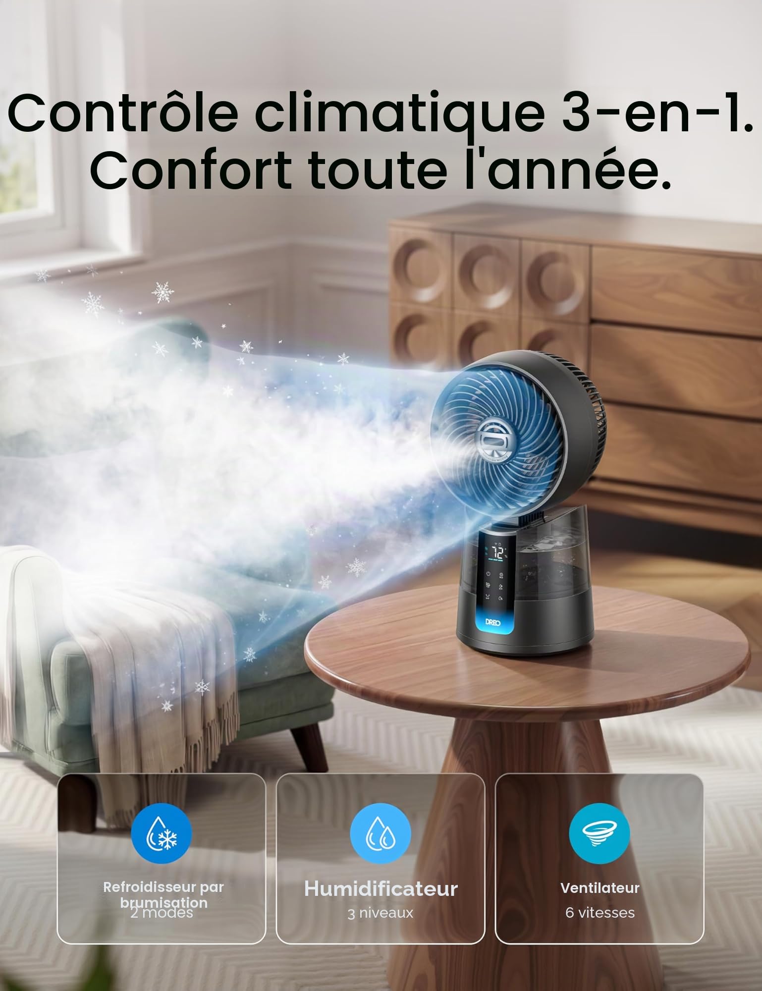 DREO TurboCool Ventilateur 516S, ventilateur de table oscillation 150° + 30°, rafraîchisseur d’air 7,9 m/s, brume ultrafine, silencieux 20 dB, 6 vitesses, 2 modes, contrôle app & télécommande.