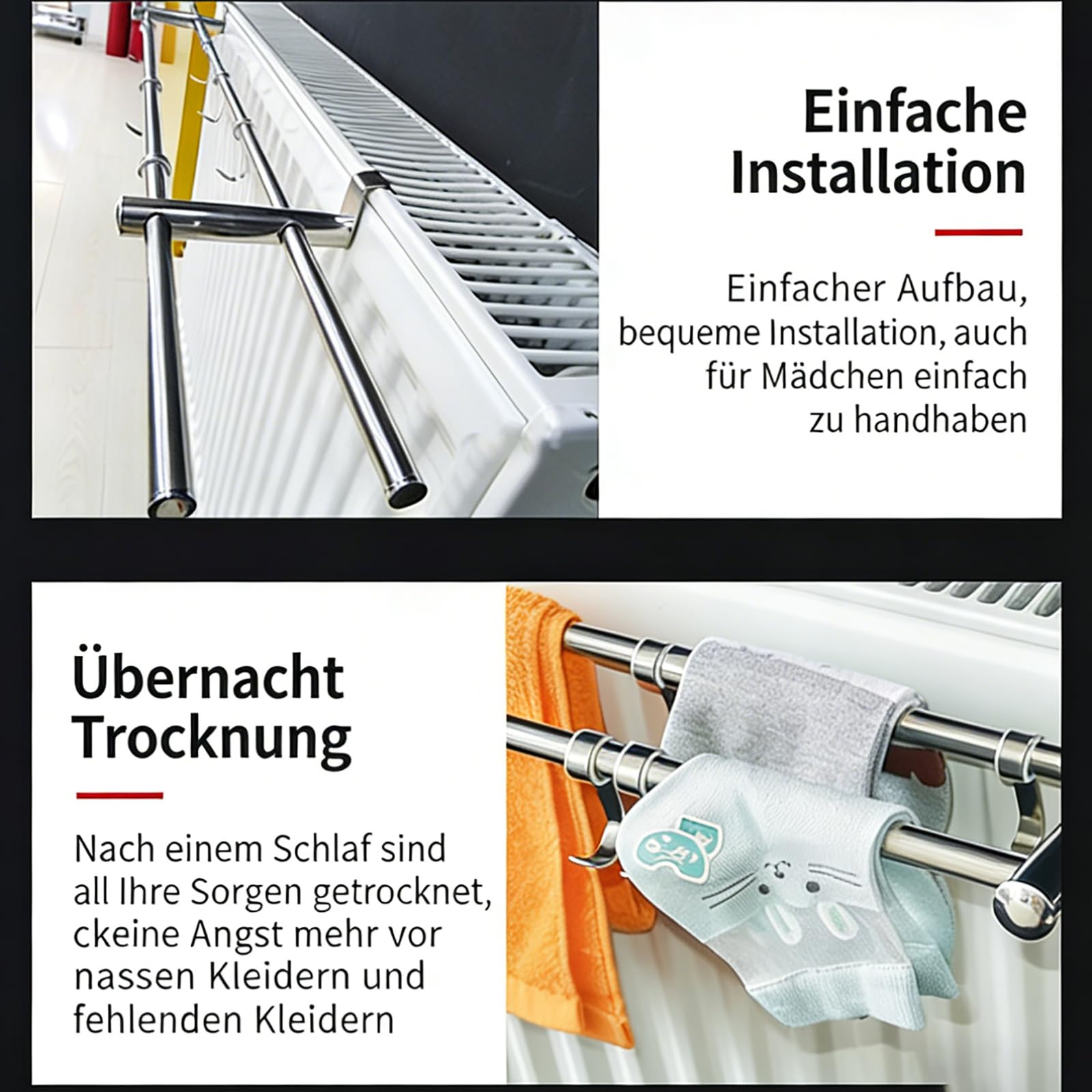 Heizkörper-Handtuchhalter, 50 cm, Doppelstange, platzsparend für Bad & Küch | Effizienter Wäschetrockner; Robuste Halterung; Praktisches Design
