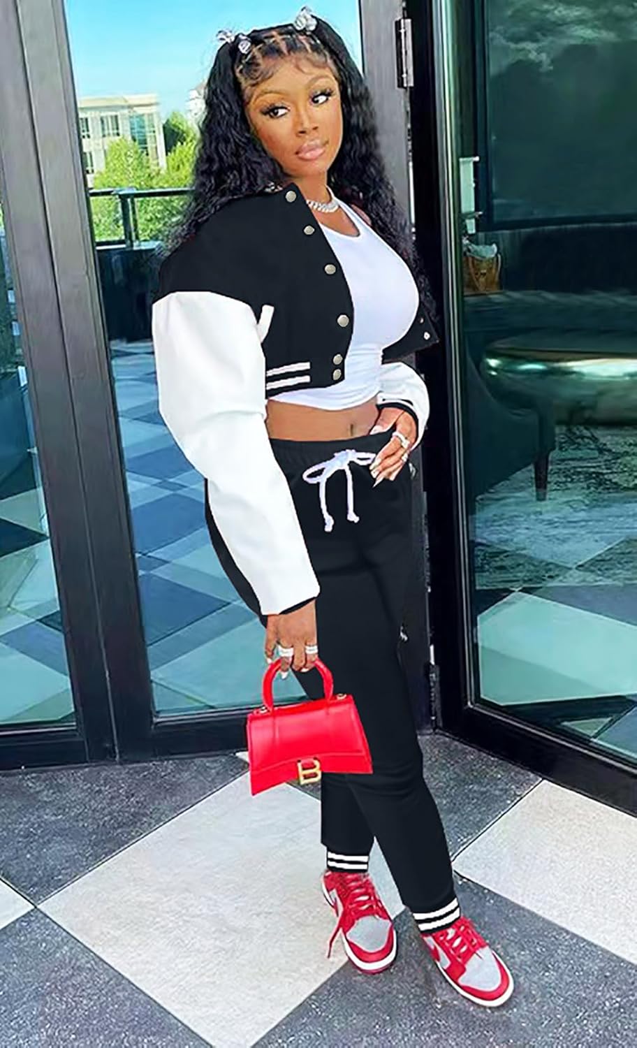 Womens Two Piece Tracksuit Button Down Cropped Varsity Jacket Pants Set Jogger Sweatsuit