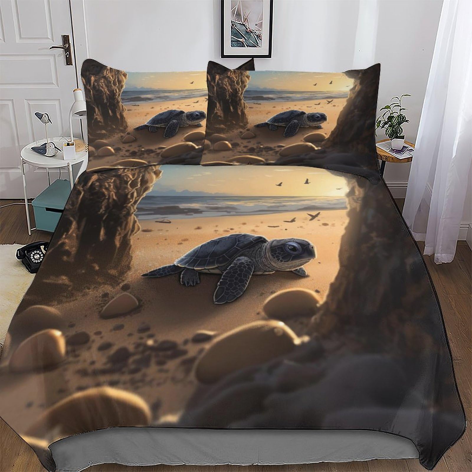 Parure de lit tortue 3D King 220x240cm en microfibre avec housse de couette et taies d'oreiller