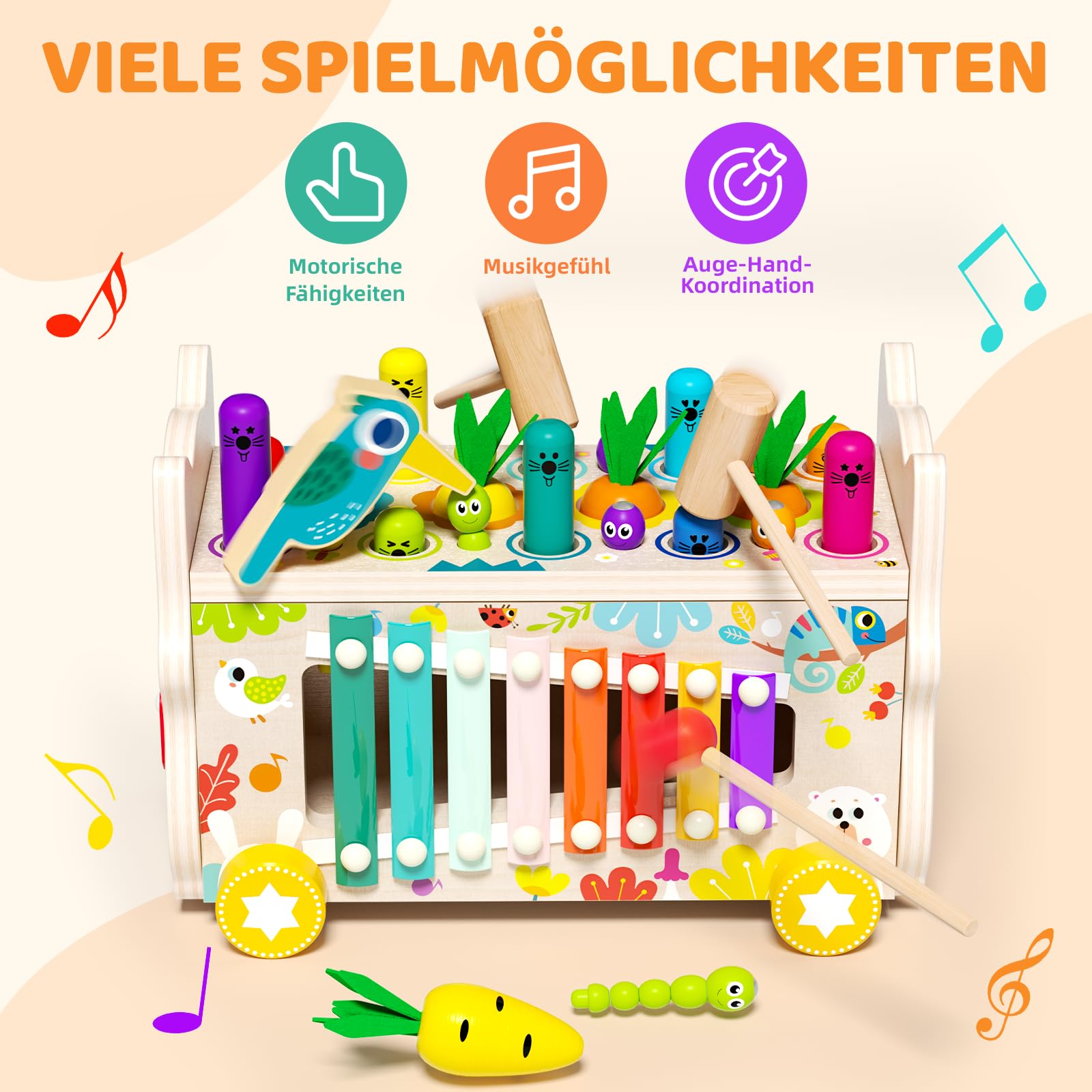 8-in-1 Montessori-Holzspielzeug für Kleinkinder von 1 bis 3 Jahren, Xylophon-Spiel Hau den Maulwurf, Vorschulisches Lernspielzeug für Jungen und Mädchen