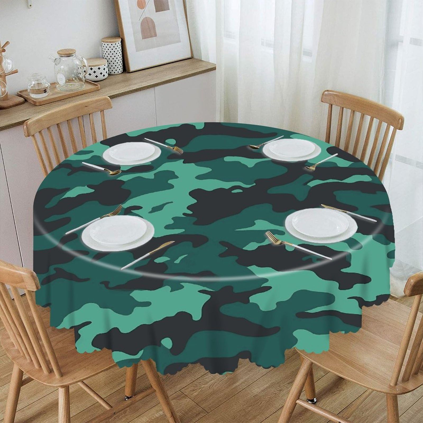 VstaDank Teal Camouflage Round Tablecloth 60 Inch Easy to Clean Circle Table Cover Thick Decorative Round Polyester Table Cloth for Dining Kitchen Party Farmhouse Outdoor