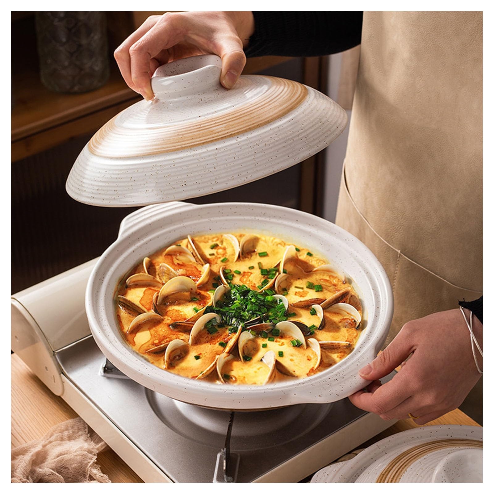 Casseruola in ceramica con coperchio, pentola calda giapponese | Casseruola rotonda resistente al calore, pentola in terracotta for costolette di zuppa di stufato(1800ML)