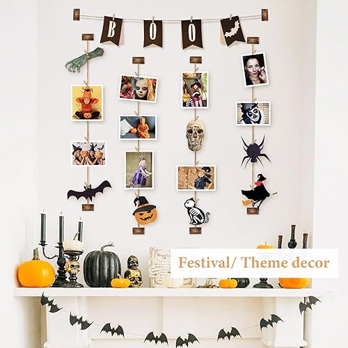 Miniatura 4 de Emfogo Decoración de pared para fotos, exhibición de fotos colgante de madera, decoración de 5 cuerdas con 30 clips, cordeles ajustables para