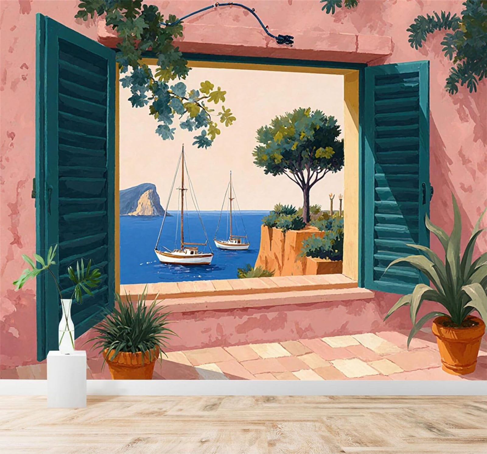 XLMING Blue Sea Sailboats Open Window Coastal Scenery 3D Wallpaper Premium Textured Silk Study Dining Living Room Bedroom Sofa TV Wall Easy Install-300cm×210cm