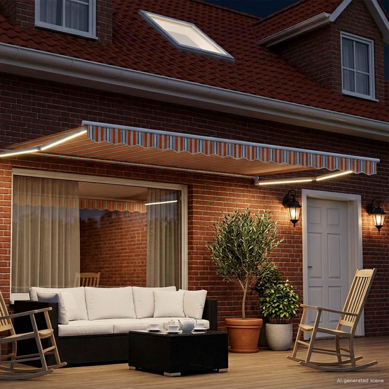 Tenda da sole manuale con braccio articolato, 4,5 x 3 m, con LED a energia solare, tessuto in poliestere resistente alle intemperie, telaio in acciaio verniciato a polvere, estensibile per
