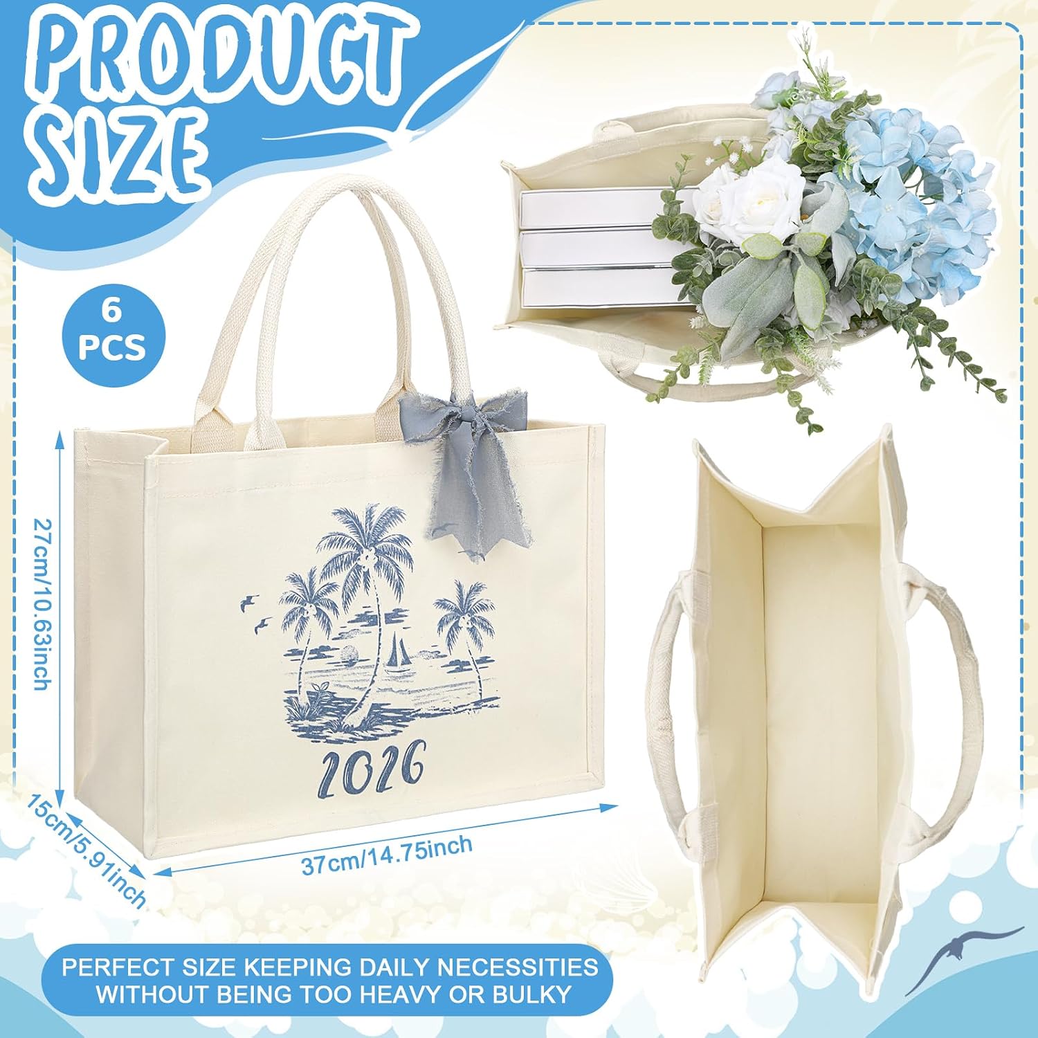 Sadnyy 6 Packs Bachelorette Beach Bags 2026 Wedding Welcome Party Favors 14.6'' x 10.6'' x 6'' Bridesmaid Tote Bags for Last Toast on the Coast Gifts Summer Beach Bridal Shower Coastal Party Supplies image 3