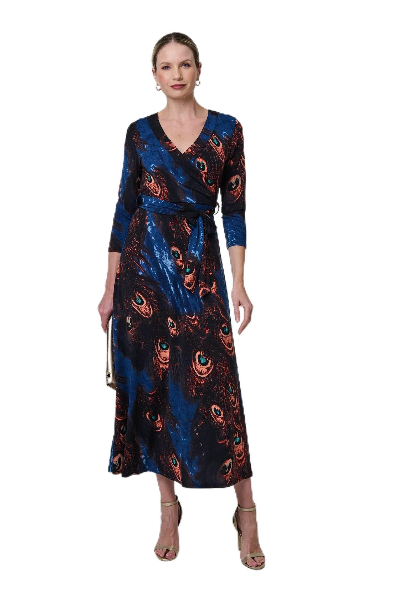 Izabel London Blue Peacock Print 3/4 Sleeve Wrap Maxi Dress - 8