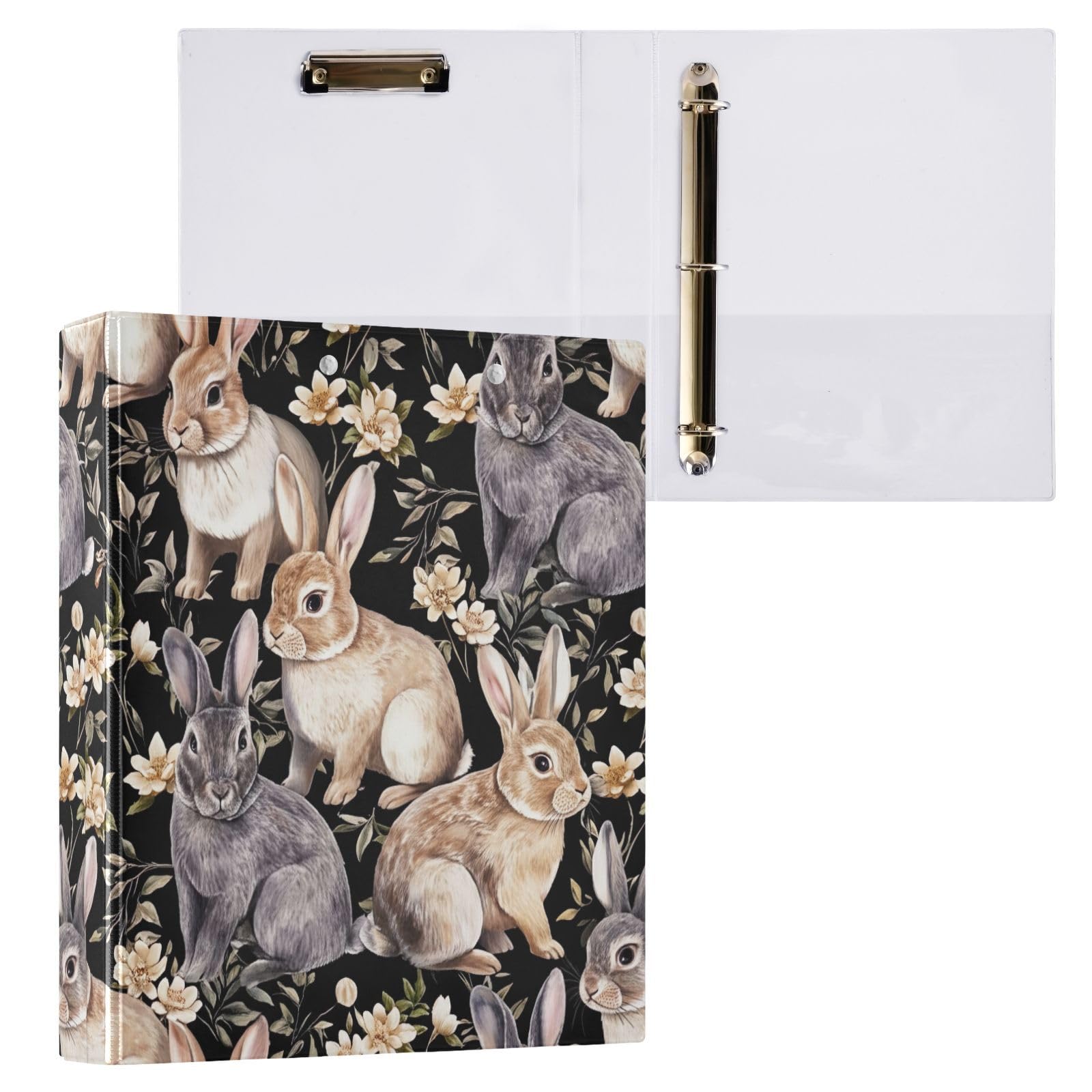 Confezione da 2 raccoglitori ad anelli realistici dipinti con conigli, fiori beige, con tasche, grandi, per scuola, università, ufficio