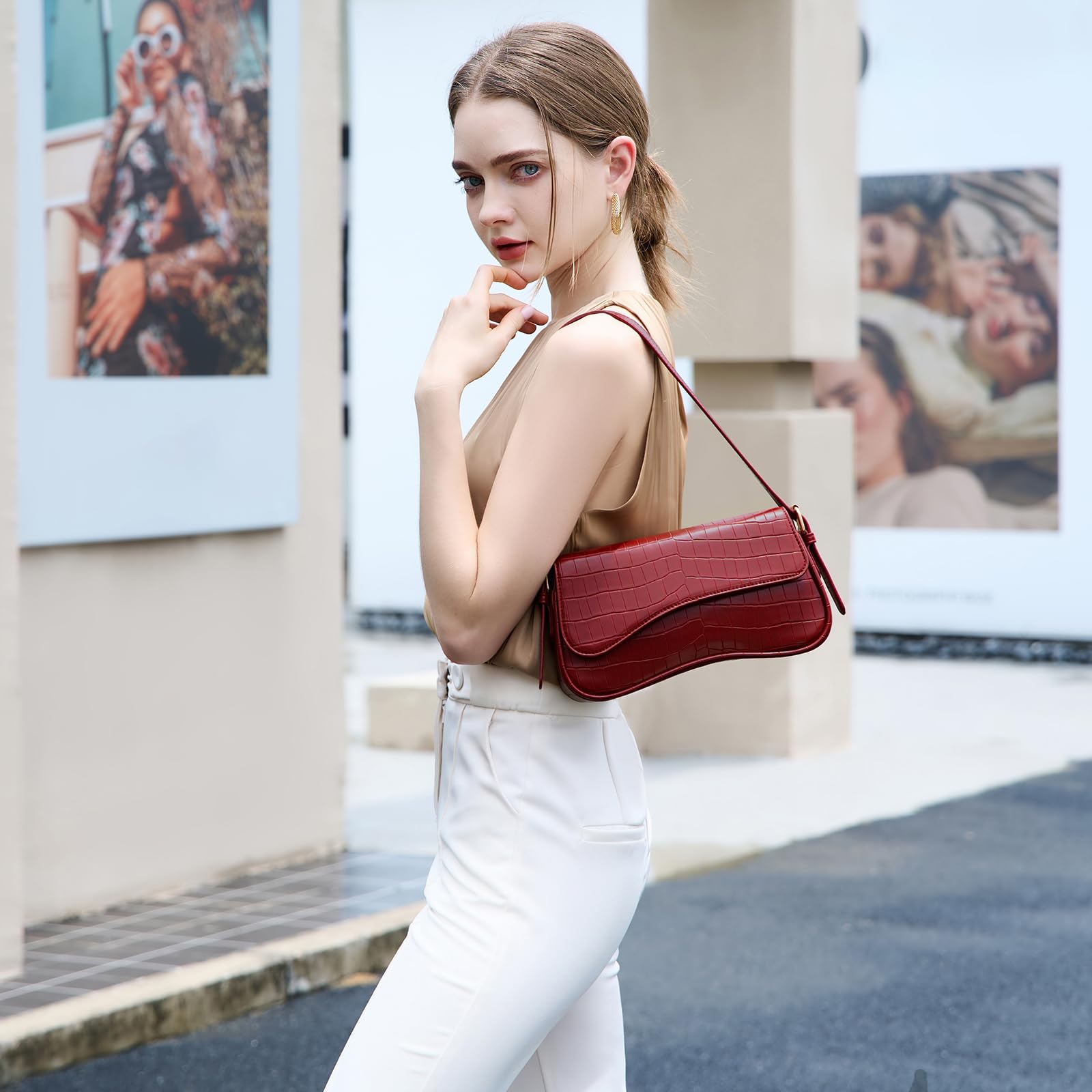 SYXLCYGJ Underarm Shoulder Bag for Women Trendy Purse Vegan Leather Hobo Handbags Clutch Crossbody Bag (Wine Red Stone Pattern)