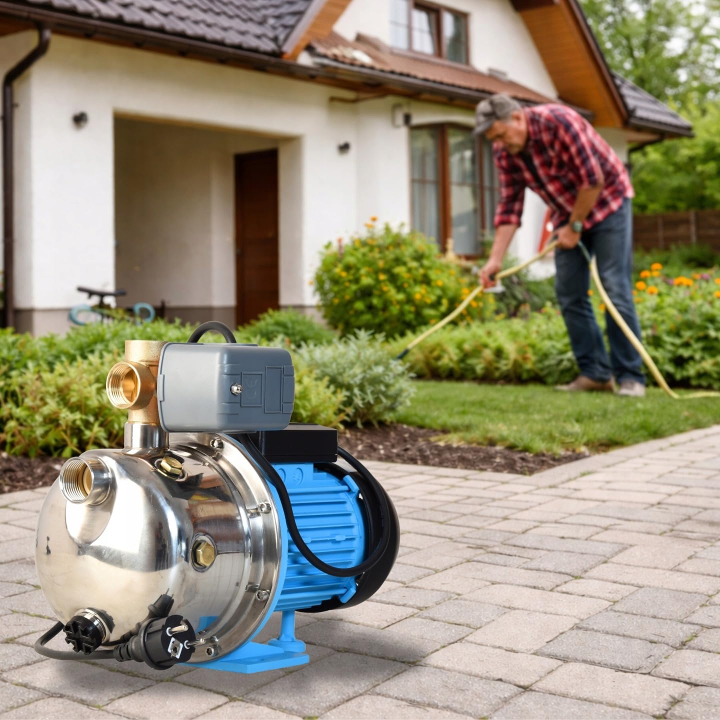 Pompe à Eau JX 1100 - Pompe de Surface (1100 W, 3600 l/h hauteur de refoulement 50 m) avec Manomètre Pressostat Raccord 5 Voies - Acier Inoxydable INOX - Pompe d’arrosage de Jardin - pour le Réservoir