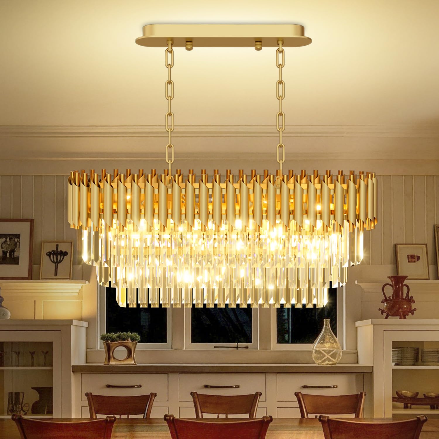 31 5 8-Light Modern Gold Crystal Chandelier Luxury Rectangular Raindrop Pendant Light Fixture for Dining Room Kitchen Island