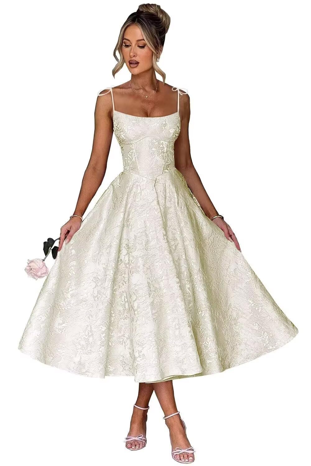 Women's Satin Jacquard Prom Dresses for Wedding Spaghetti Straps Square Neck Midi Formal Evening Dress