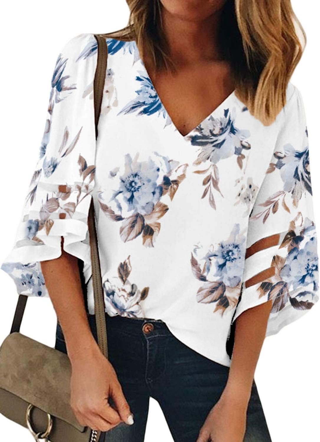BLENCOTWomens 3/4 Bell Sleeve V Neck Lace Patchwork Floral Blouse Casual Loose Shirt Tops S-2XL