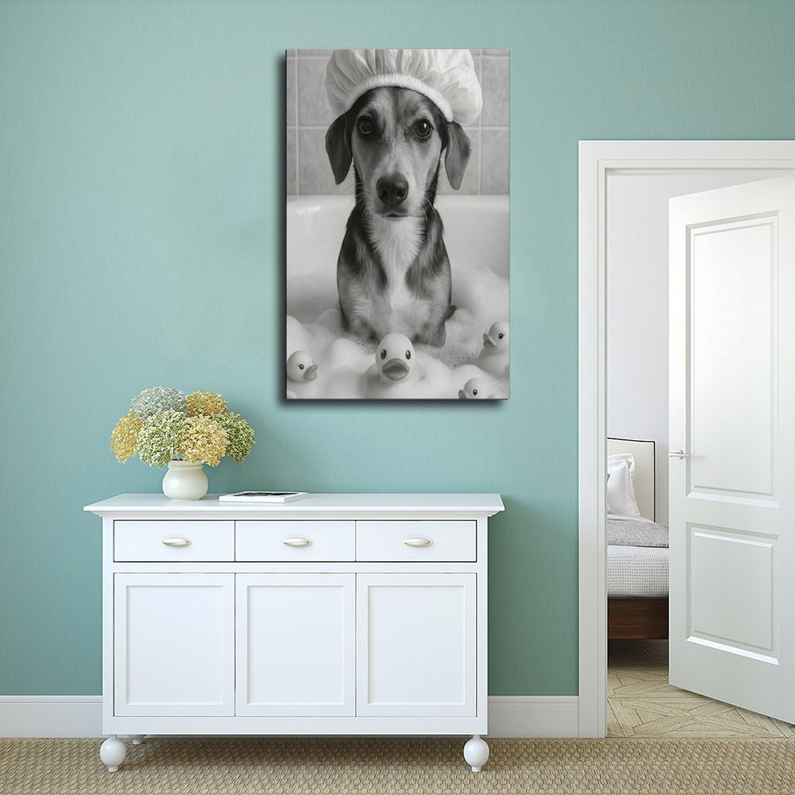 Lustiger Hund in der Badewanne, niedlicher Welpe mit Duschhaube, Leinwandposter, Wandkunst, Dekordruck, Bild Gemälde für Wohnzimmer, Schlafzimmer, Dekoration, 50,8 x 76,2 cm (L x B)