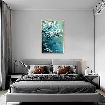 Amazon.co.jp: 絵画 白い花で覆われた木の油絵インテリア 絵画