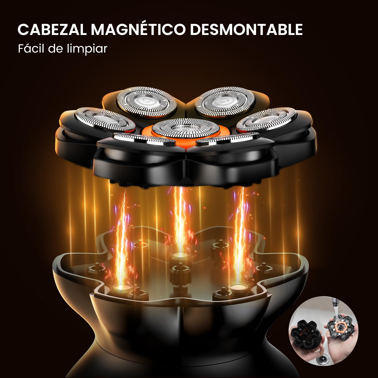 MAXGROOM Afeitadora Cabeza Hombre, Maquina Afeitar Hombre, Afeitadora para Calva en Seco y Húmedo, Batería de Larga Duración, 7 Cabezales, Magnético, 100% impermeable, Color Negro