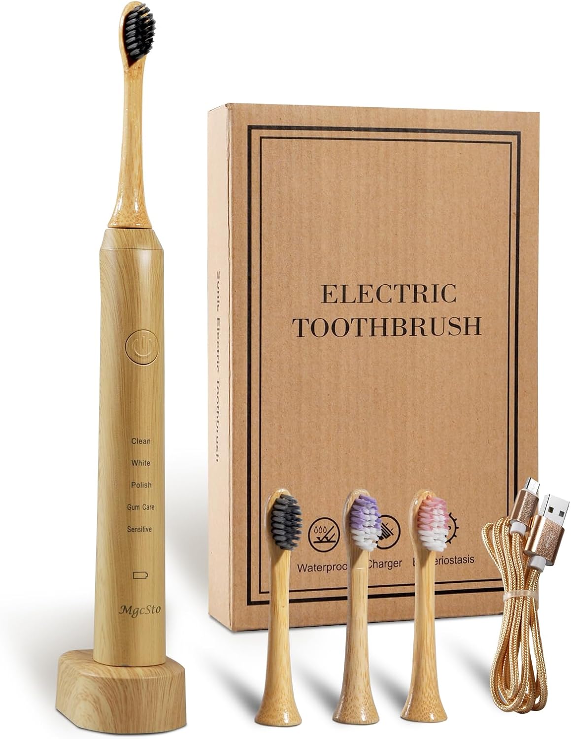 Sonic Bamboo Electric Toothbrush for Adults – Rechargeable Electric Bamboo Toothbrush -4 Pack Soft Brush Heads-Plant-Based Bristles | 5 Cleaning Modes Long-Lasting Battery Sonic Bamboo Electric Toothbrush for Adults – Rechargeable Electric Bamboo Toothbrush -4 Pack Soft Brush Heads-Plant-Based Bristles | 5 Cleaning Modes Long-Lasting Battery