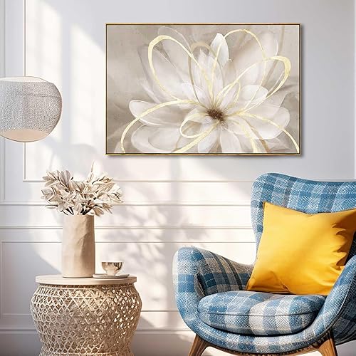 SOUGUAN Cuadro de flores blancas pinturas botánicas doradas para decoraciones de pared arte de pared para sala de estar dormitorio oficina