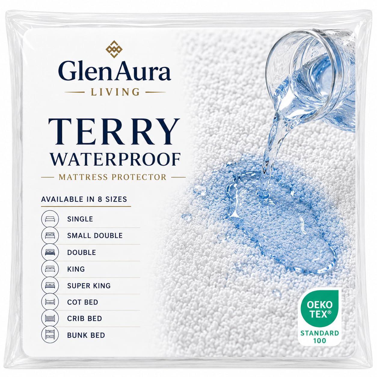 GlenAura Living Terry Waterproof Mattress Protector White-Small Double/4FT) Bed Cover (122x190cm) 30cm Extra Deep-Terry Towel Top-Fitted-Anti Allergy-Breathable-Noiseless (Small Double/4FT)