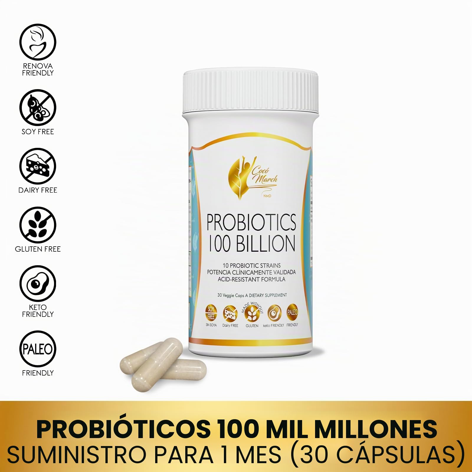 Coco March N.M.D Probióticos 100 mil millones – Suplemento para salud intestinal – Sin gluten, lácteos ni soja – Dieta keto y paleo – 30 cápsulas
