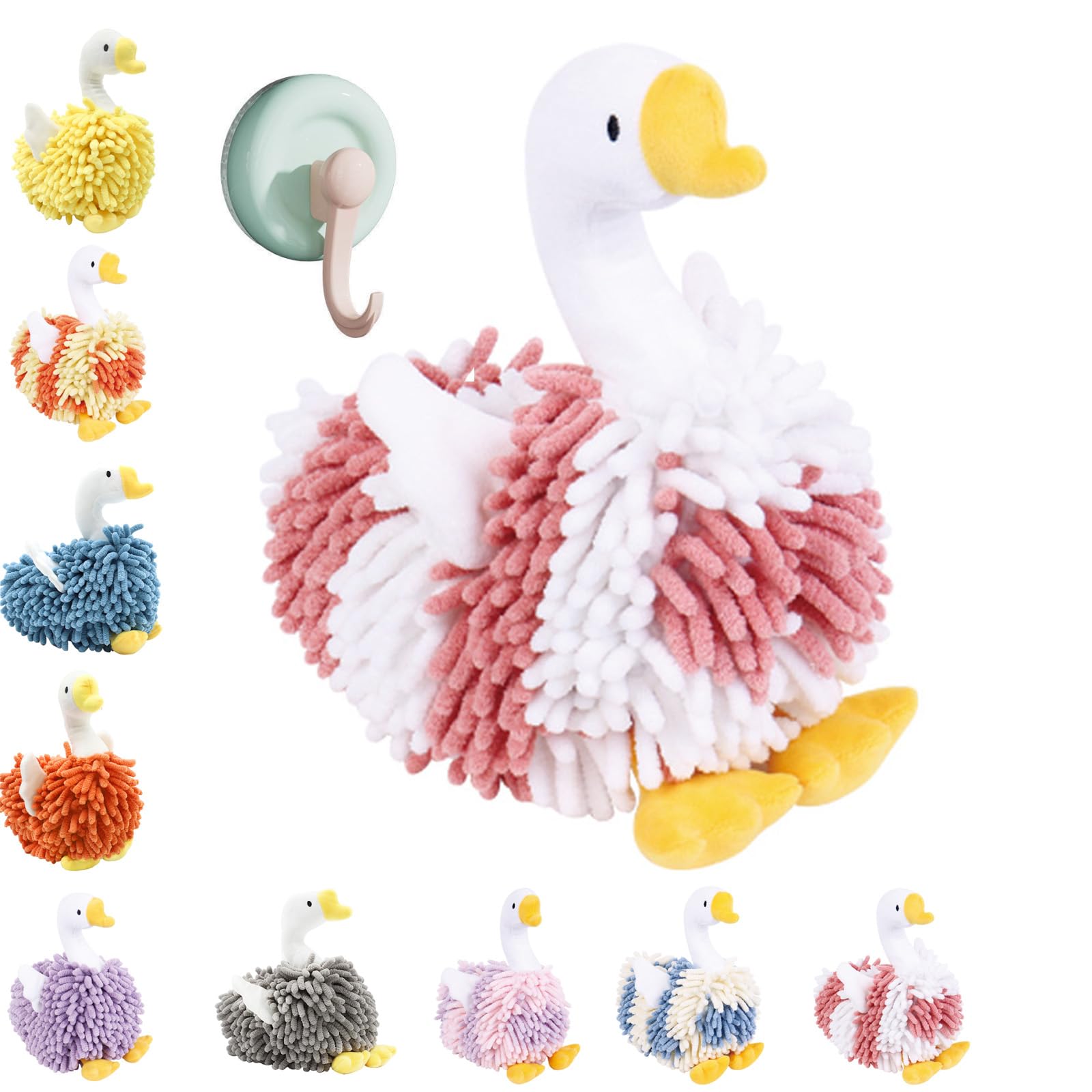 LLELEMAMO Duck Shaped Hand Towel, Swan Shape Fuzzy Ball Hand Towel, Microfiber Hand Towels for Bathroom, Cartoon Swans Chenille Hands Towels with Hanging Loop for Bath, Washstand (C)